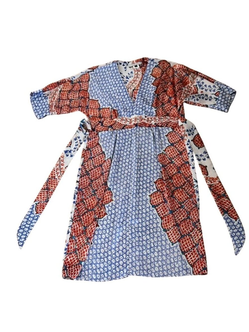 Single Dress 100% Silk Art-to-Wear Kimono Wrap Midi Dress Boho Print Sz S Resort - Picture 10 of 13